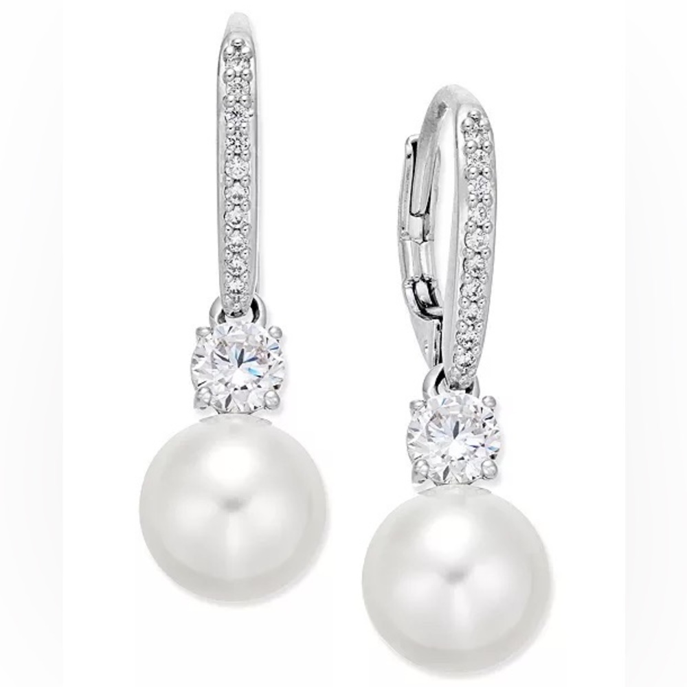 Silver-Tone Crystal Pearl Drop Earrings